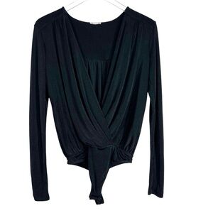 INTIMATELY FREE PEOPLE Black Deep V-Neck Knit Long Sleeve Body Suit Size Small